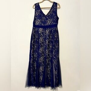Candalite Petite women's size PXL navy blue maxi floral lined dress sleeveless